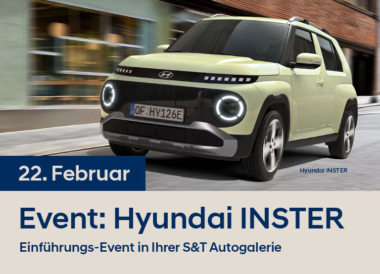 Das Bild zeigt den Hyundai INSTER. Es ist lädt zum INSTER-Event am 22. Februar in der S&T Autogalerie.