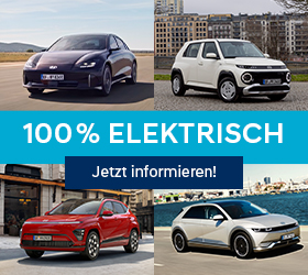 Das Bild zeigt die vier vollelektrischen Hyundai-Modelle, die wie folgt im Uhrzeigersinn sind: Ioniq 6, Inster, Kona Elektro und Ioniq 5.